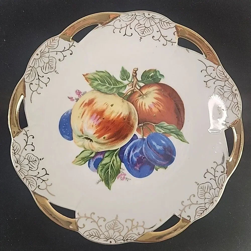 Dish Fruit Painted Design Shallow Bowl Cut Out Gold Banding 7.5